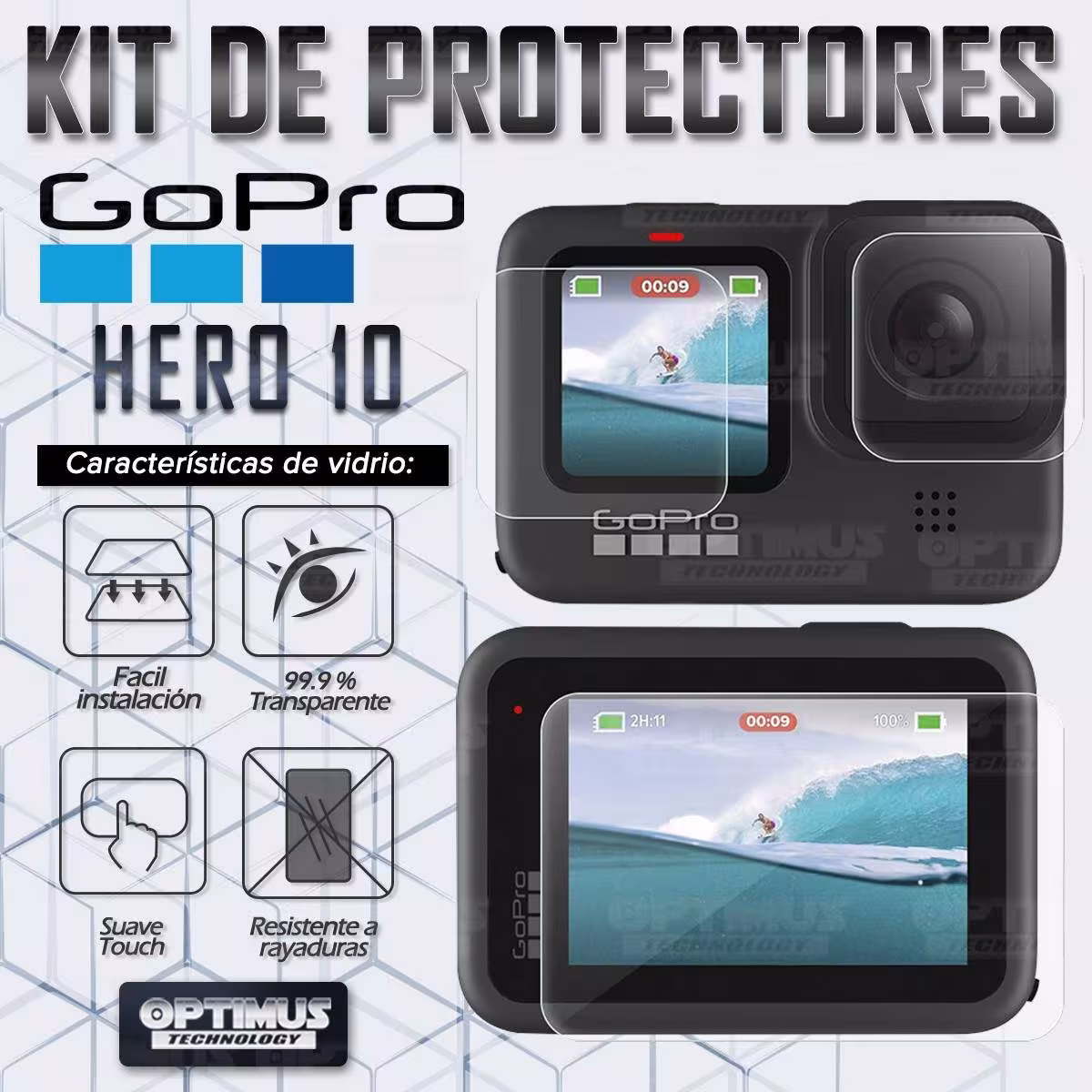 Kit de Tres protectores Vidrio Templado Lente, Display Trasero y Display frontal para cámara Go Pro Hero 10 OPTIMUS TECHNOLOGY™