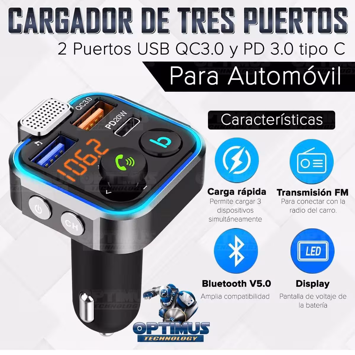 Cargador transmisor radio FM bluetooth 5.0 para carro automóvil Vehículos Camiones de tres puertos 2USB + 1Tipo C OPTIMUS BT23 O