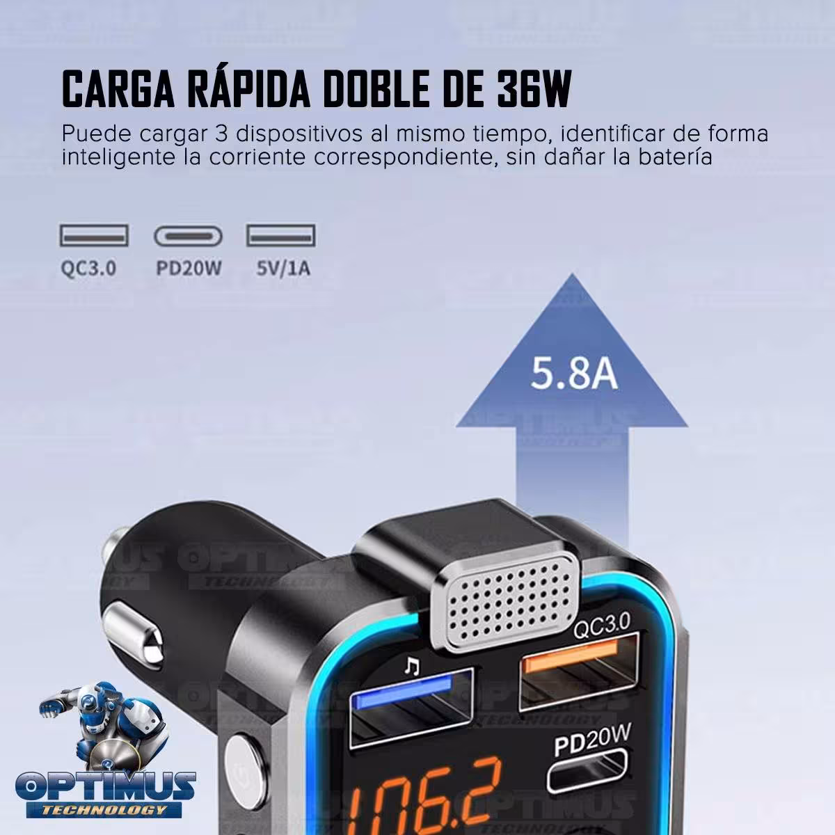 Cargador transmisor radio FM bluetooth 5.0 para carro automóvil Vehículos Camiones de tres puertos 2USB + 1Tipo C OPTIMUS BT23 O