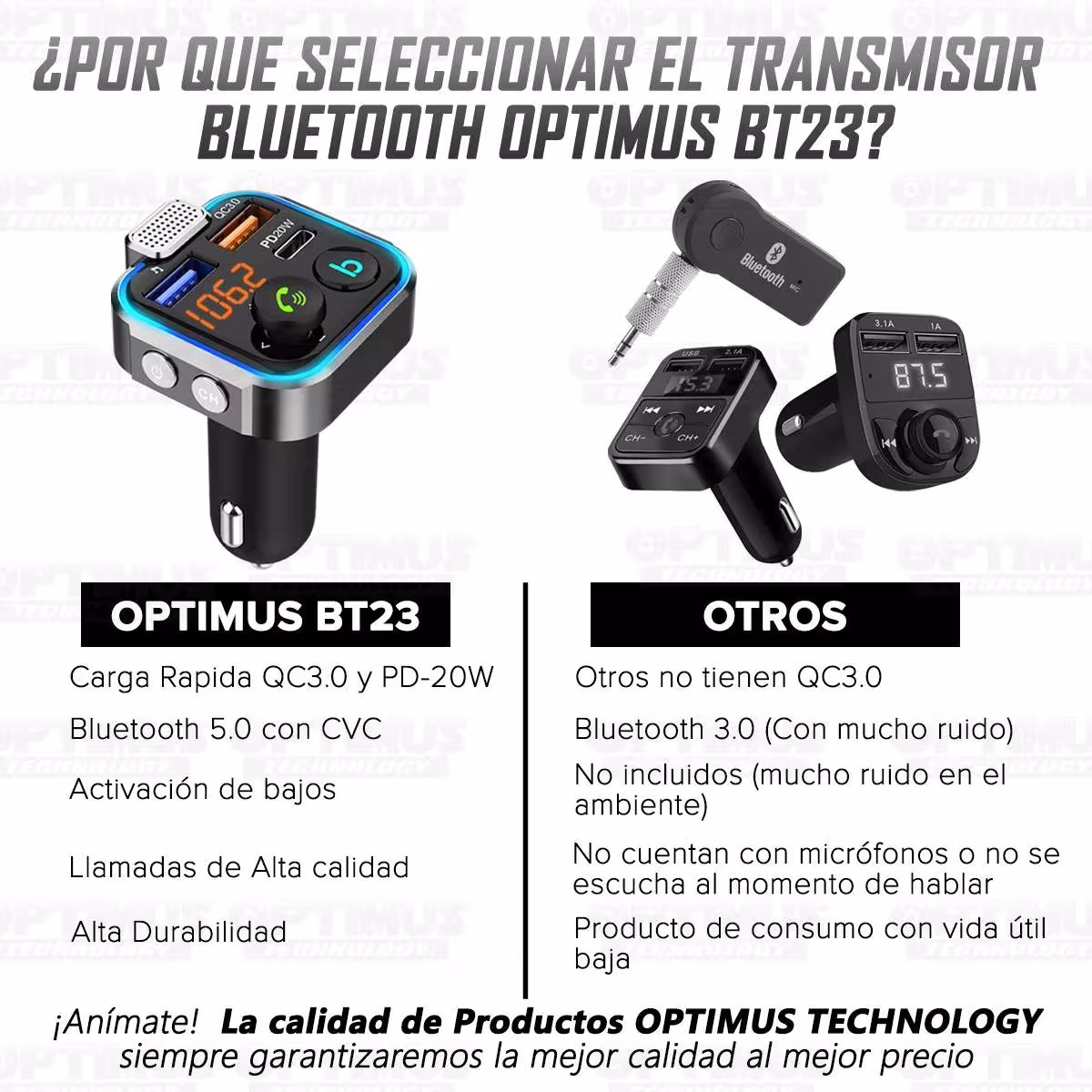 Cargador transmisor radio FM bluetooth 5.0 para carro automóvil Vehículos Camiones de tres puertos 2USB + 1Tipo C OPTIMUS BT23 O