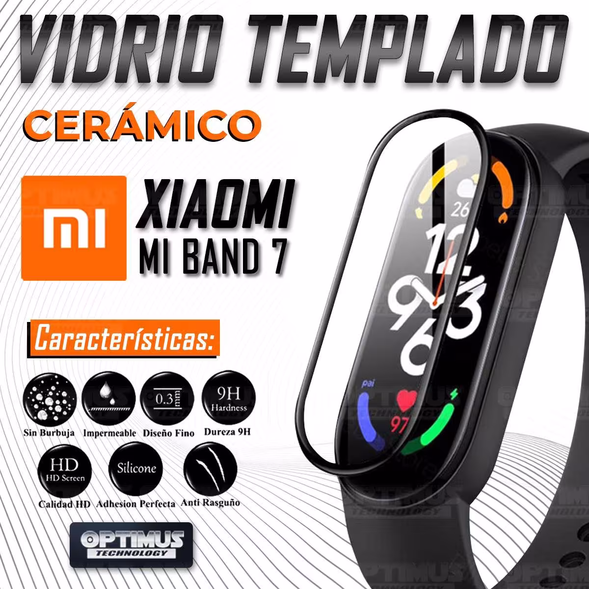 Vidrio Templado Cerámico Nanoglass Para Reloj Smartwatch Xiaomi Mi Band 7 | OPTIMUS TECHNOLOGY™ | VTP-CR-XMI-MB7 |