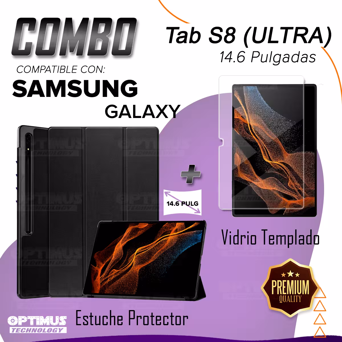 Kit Vidrio Cristal Templado Y Estuche Case Protector para Tablet Samsung Galaxy Tab S8 Ultra 14.6 Pulgadas OPTIMUS TECHNOLOGY™ -