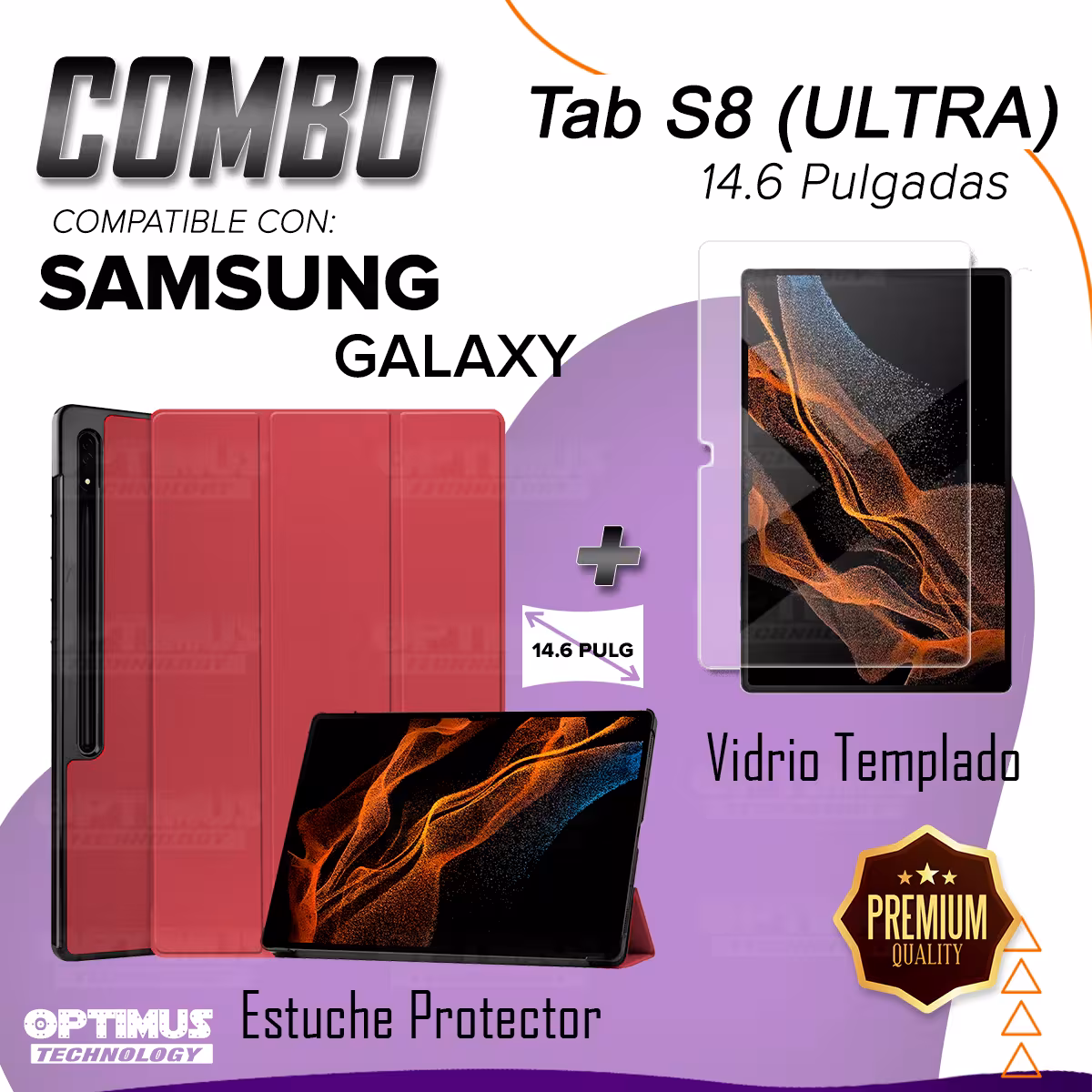 Kit Vidrio Cristal Templado Y Estuche Case Protector para Tablet Samsung Galaxy Tab S8 Ultra 14.6 Pulgadas OPTIMUS TECHNOLOGY™ -