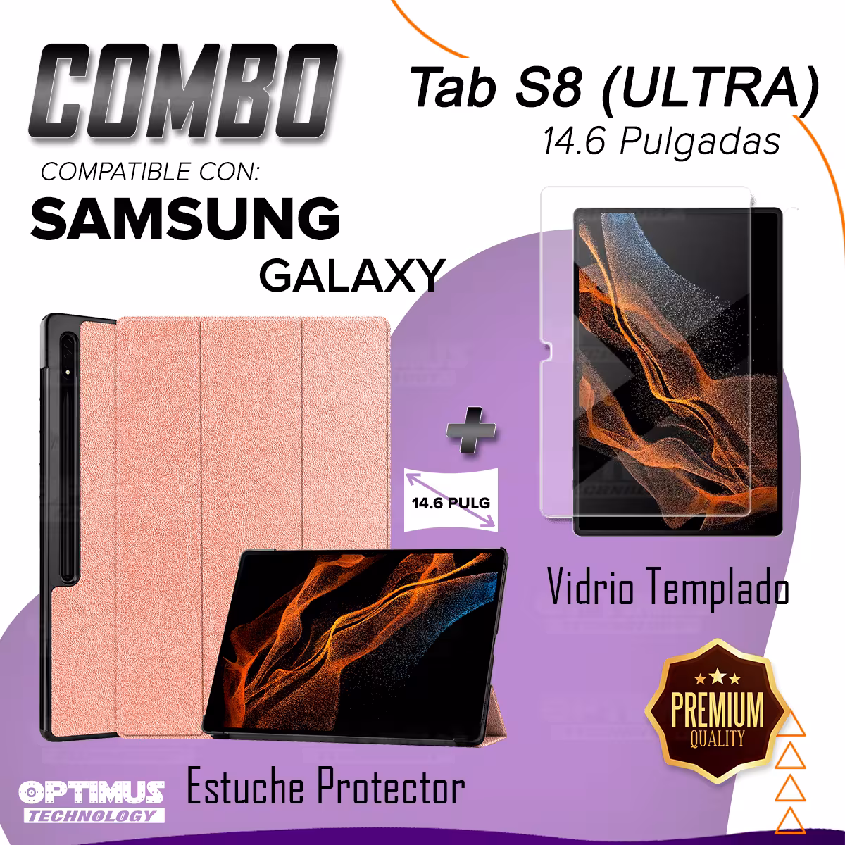 Kit Vidrio Cristal Templado Y Estuche Case Protector para Tablet Samsung Galaxy Tab S8 Ultra 14.6 Pulgadas OPTIMUS TECHNOLOGY™ -