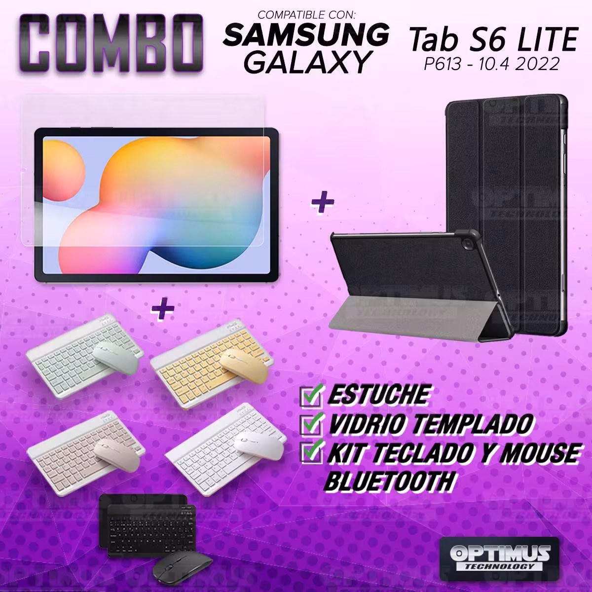 Kit Vidrio templado + Case Protector + Teclado y Mouse Bluetooth Tablet Samsung Galaxy Tab S6 Lite 10.4 2022 P619 - P613 OPTIMUS