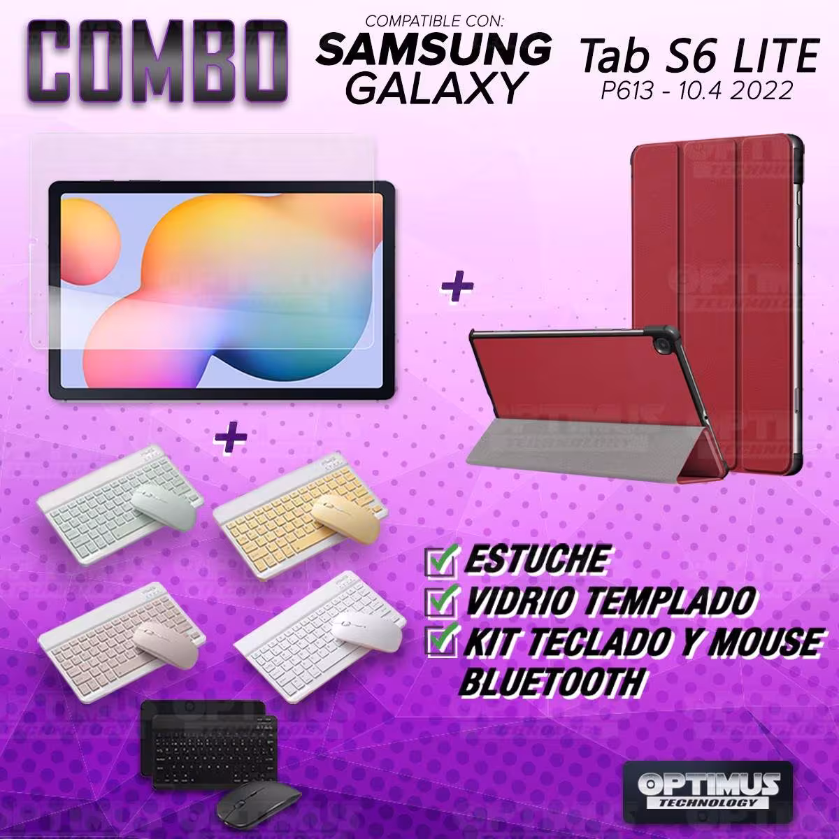 Kit Vidrio templado + Case Protector + Teclado y Mouse Bluetooth Tablet Samsung Galaxy Tab S6 Lite 10.4 2022 P619 - P613 OPTIMUS