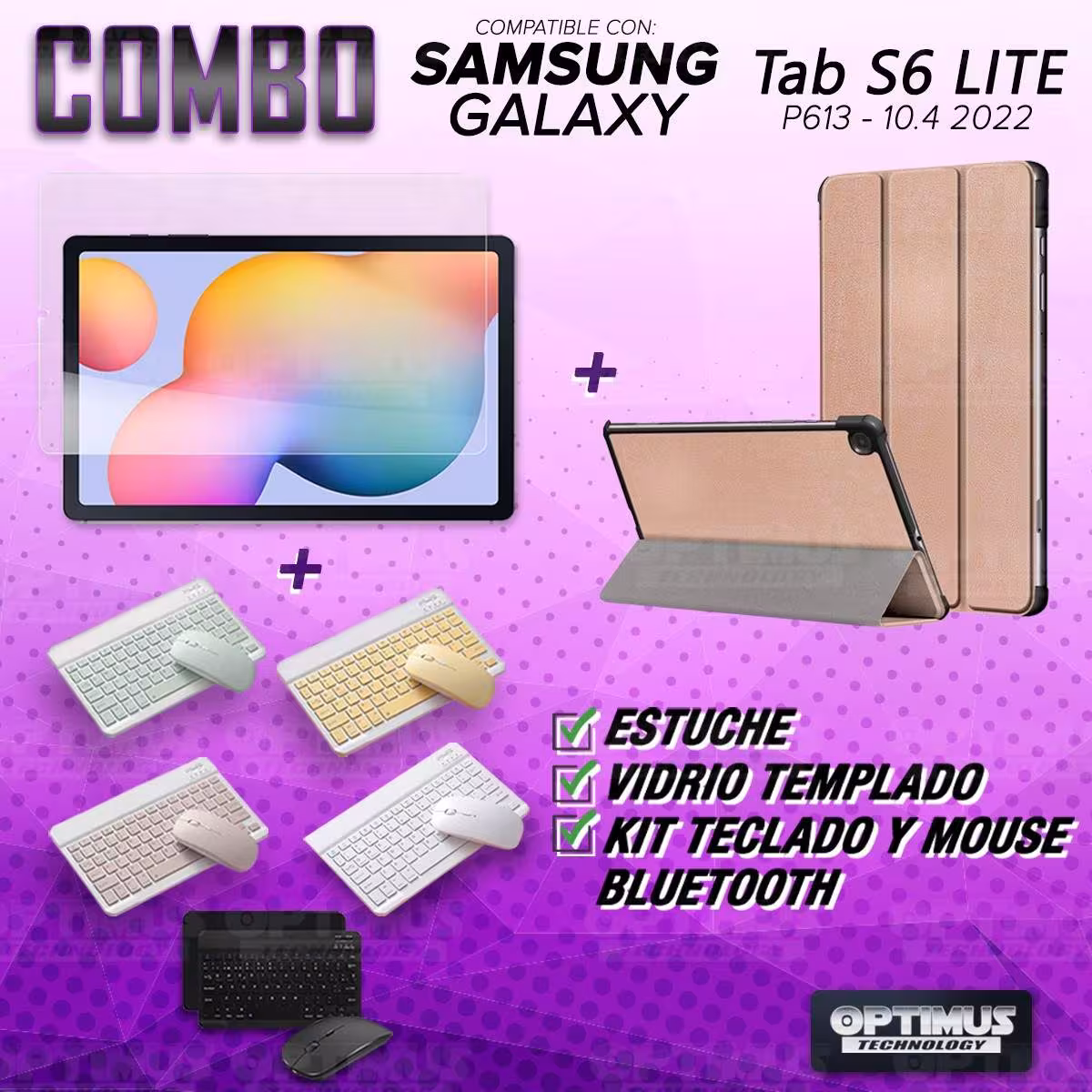 Kit Vidrio templado + Case Protector + Teclado y Mouse Bluetooth Tablet Samsung Galaxy Tab S6 Lite 10.4 2022 P619 - P613 OPTIMUS