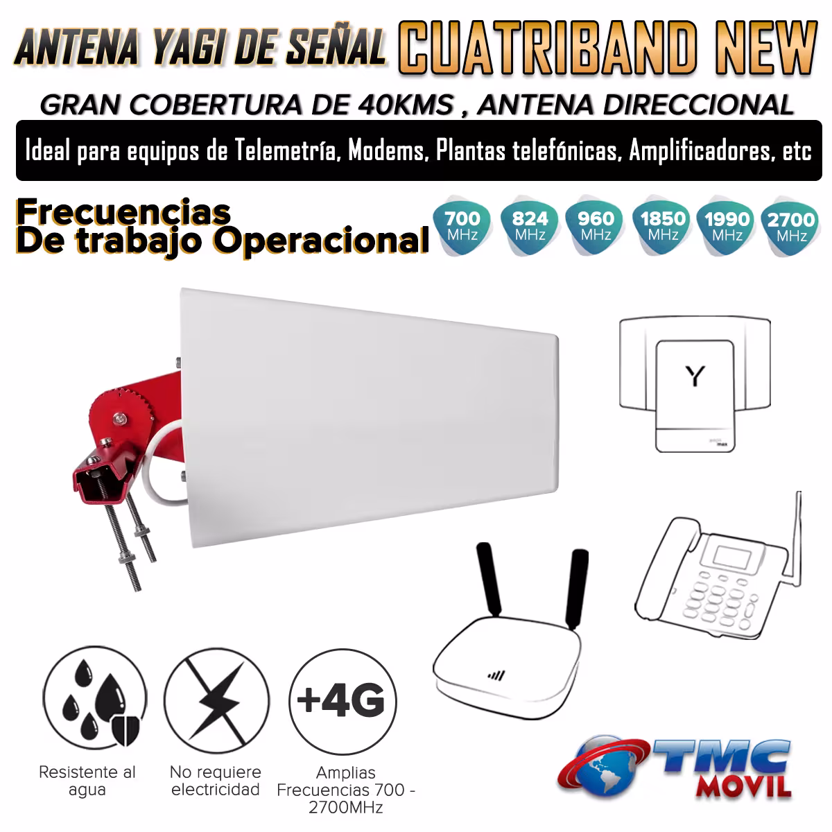 Antena Yagi Direccional Amplificadora de señal CuatriBand New 4GLTE 65dB 700 - 2700 MHz + 15 metros de cable RG-6