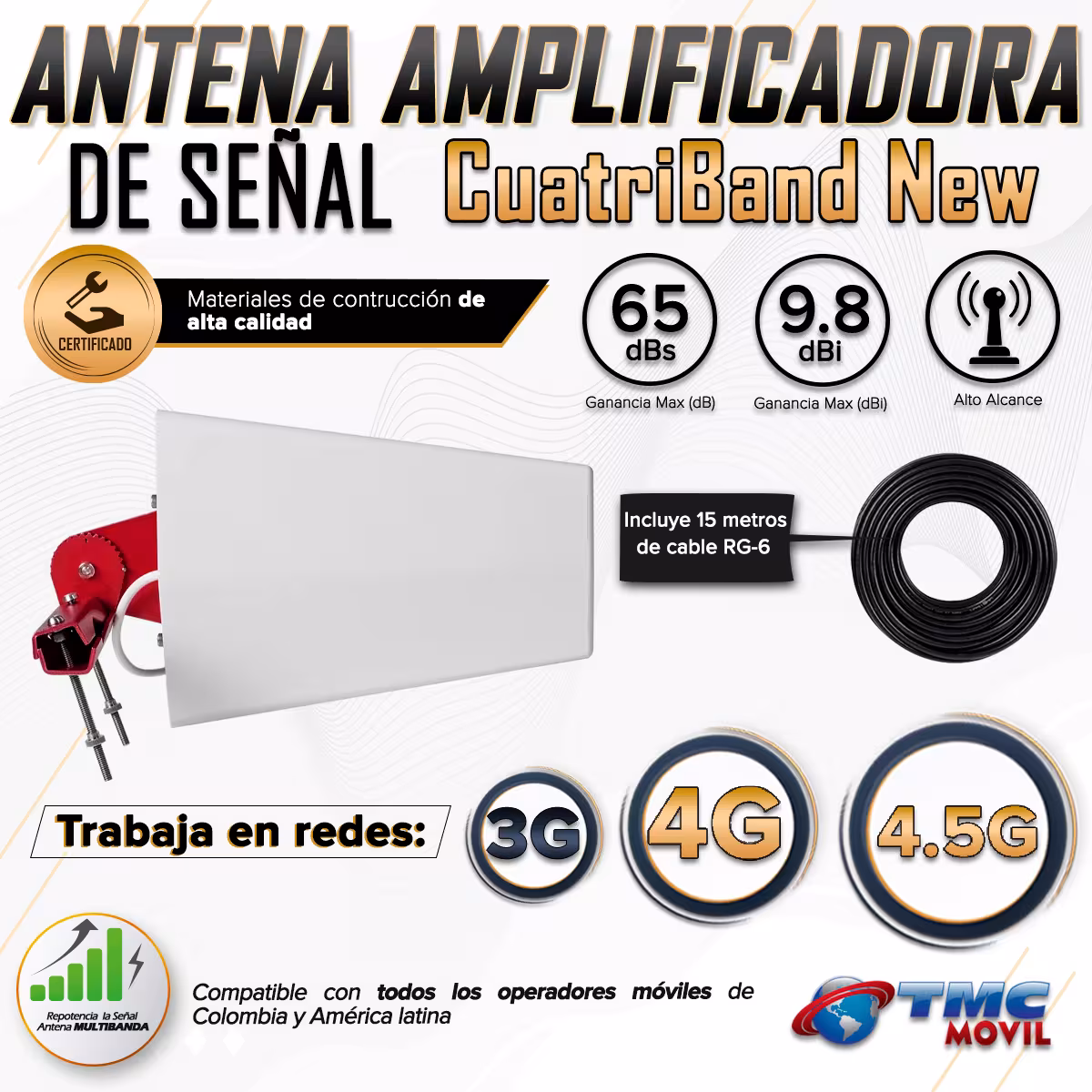 Antena Yagi Direccional Amplificadora de señal CuatriBand New 4GLTE 65dB 700 - 2700 MHz + 15 metros de cable RG-6