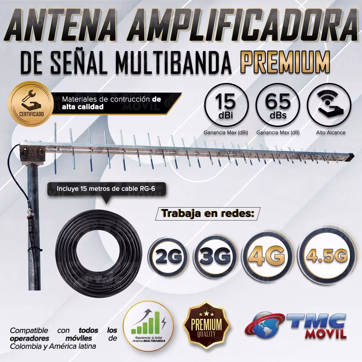 Antena Amplificadora de señal Yagi TMC Multibanda Premium 4GLTE 65dB 700 - 2700 MHz + 15 metros de cable RG-6 TMC MOVIL - 4