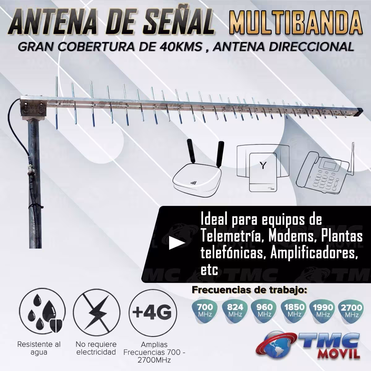 Antena Amplificadora de señal Yagi TMC Multibanda Premium 4GLTE 65dB 700 - 2700 MHz + 15 metros de cable RG-6 TMC MOVIL - 5