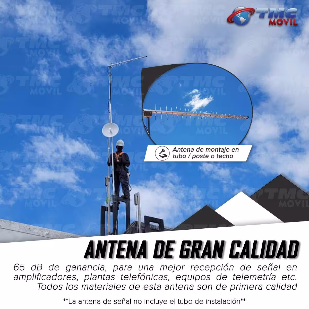 Antena Amplificadora de señal Yagi TMC Multibanda Premium 4GLTE 65dB 700 - 2700 MHz + 15 metros de cable RG-6 TMC MOVIL - 9