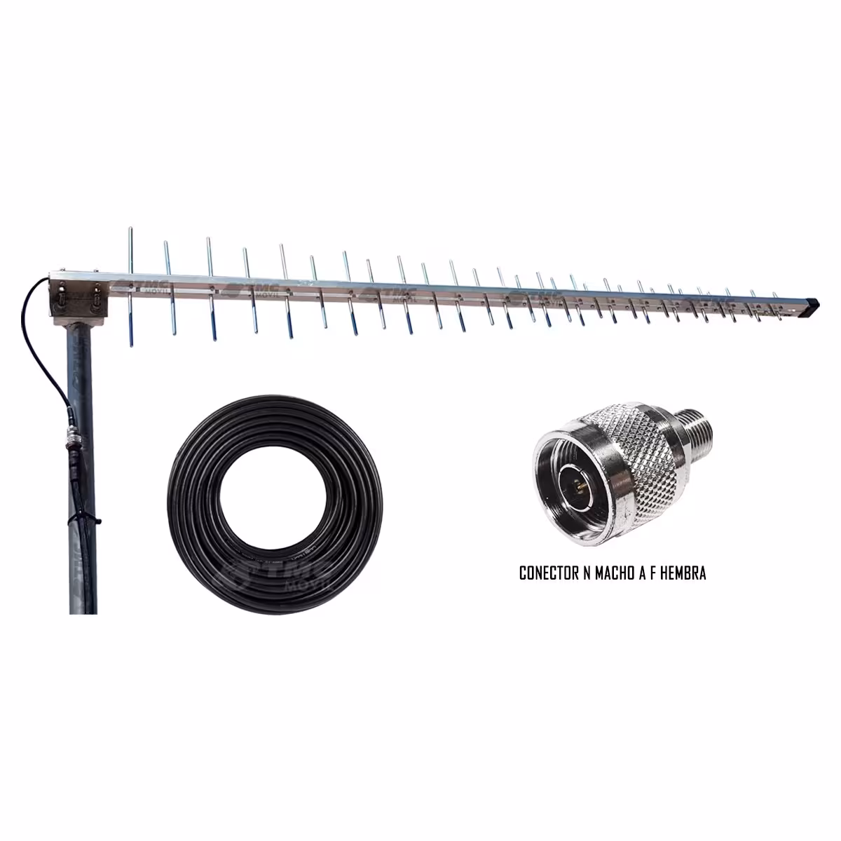 Antena Amplificadora de señal Yagi TMC Multibanda Premium 4GLTE 65dB 700 - 2700 MHz + 15 metros de cable RG-6