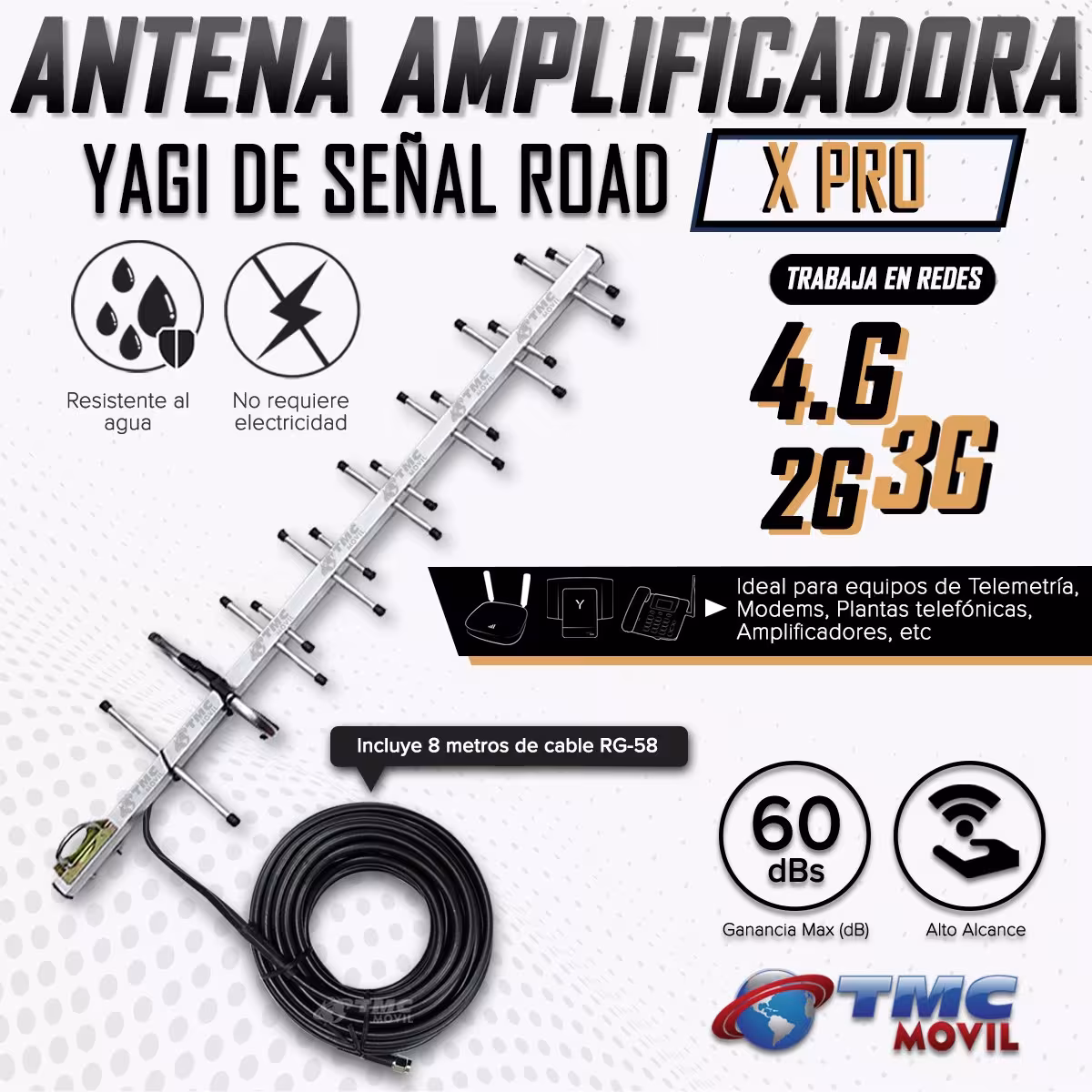 Antena Amplificadora de Señal Road X Pro 60dBs + 8 metros de cable RG-58
