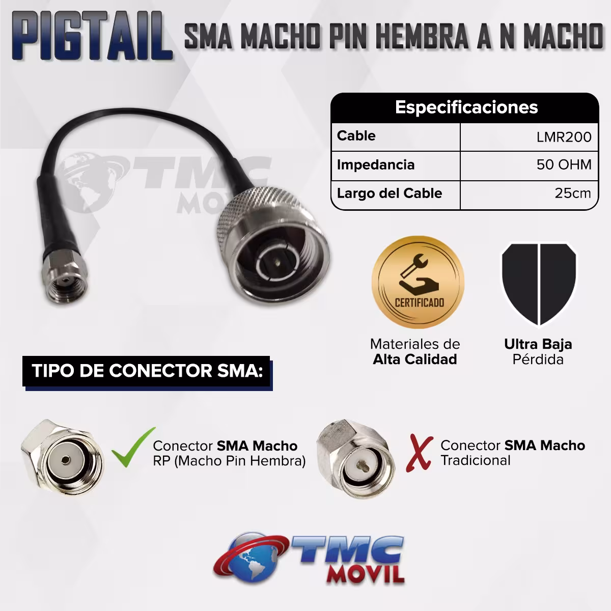 TMC MÓVIL Conector PIGTAIL SMA Macho Pin Hembra a N Macho ( SMA Male RP a N Male ) cable LMR200 25cm Ultra Baja Perdida