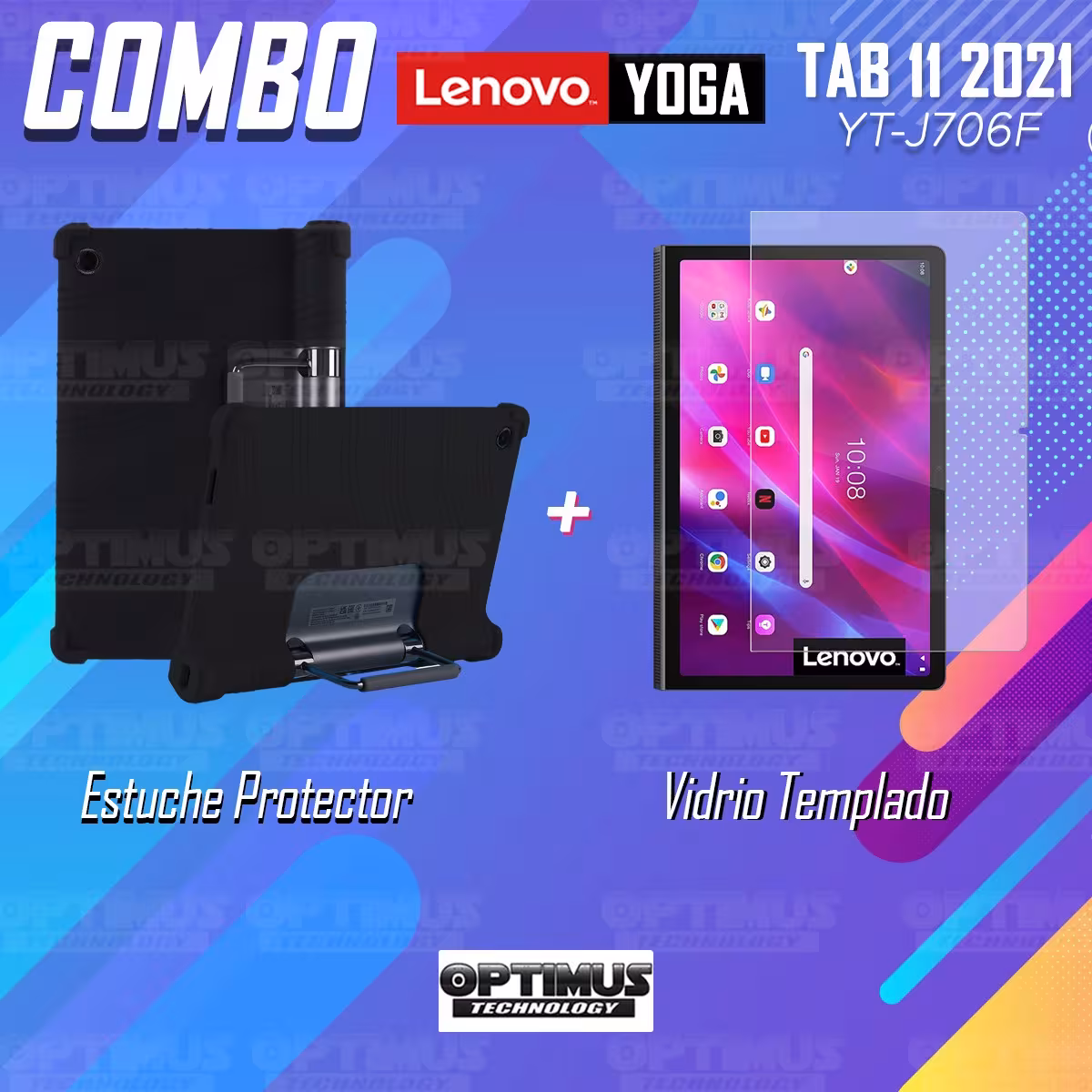 Kit Vidrio templado y Estuche Protector de goma antigolpes con soporte Tablet Lenovo Yoga Tab 11 2021 YT-J706F