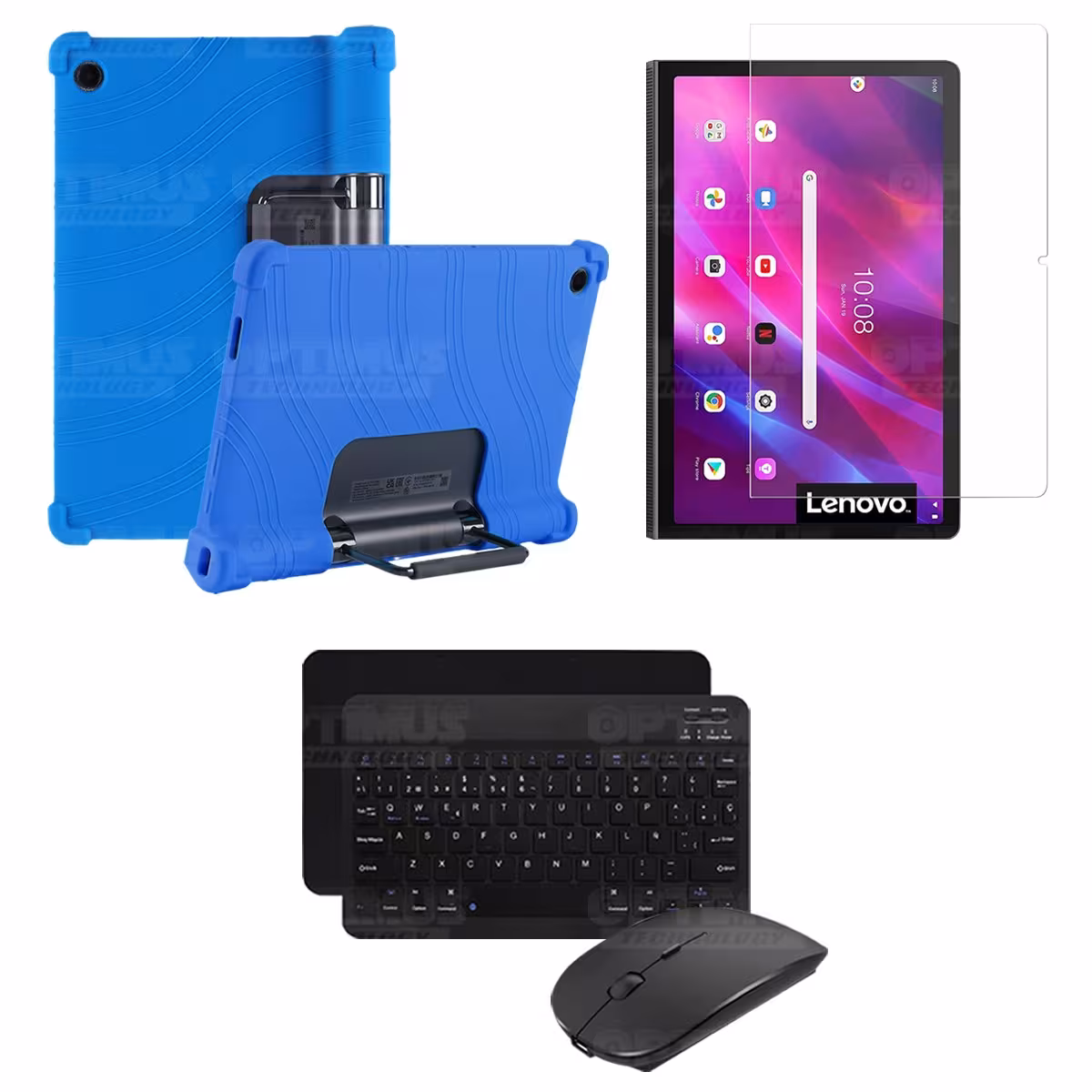 Kit Vidrio templado + Estuche Protector Goma + Teclado y Mouse Bluetooth para Tablet Lenovo Yoga Tab 11 2021 YT-J706F