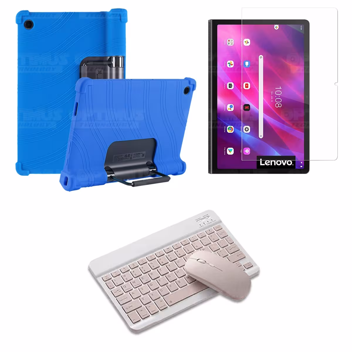 Kit Vidrio templado + Estuche Protector Goma + Teclado y Mouse Bluetooth para Tablet Lenovo Yoga Tab 11 2021 YT-J706F