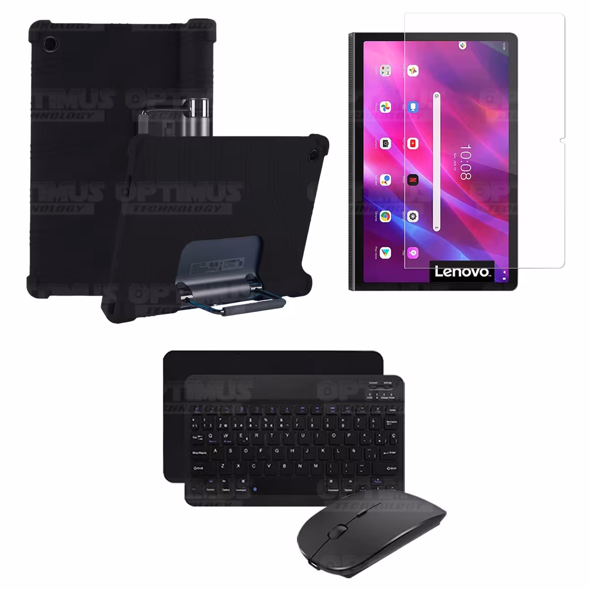 Kit Vidrio templado + Estuche Protector Goma + Teclado y Mouse Bluetooth para Tablet Lenovo Yoga Tab 11 2021 YT-J706F