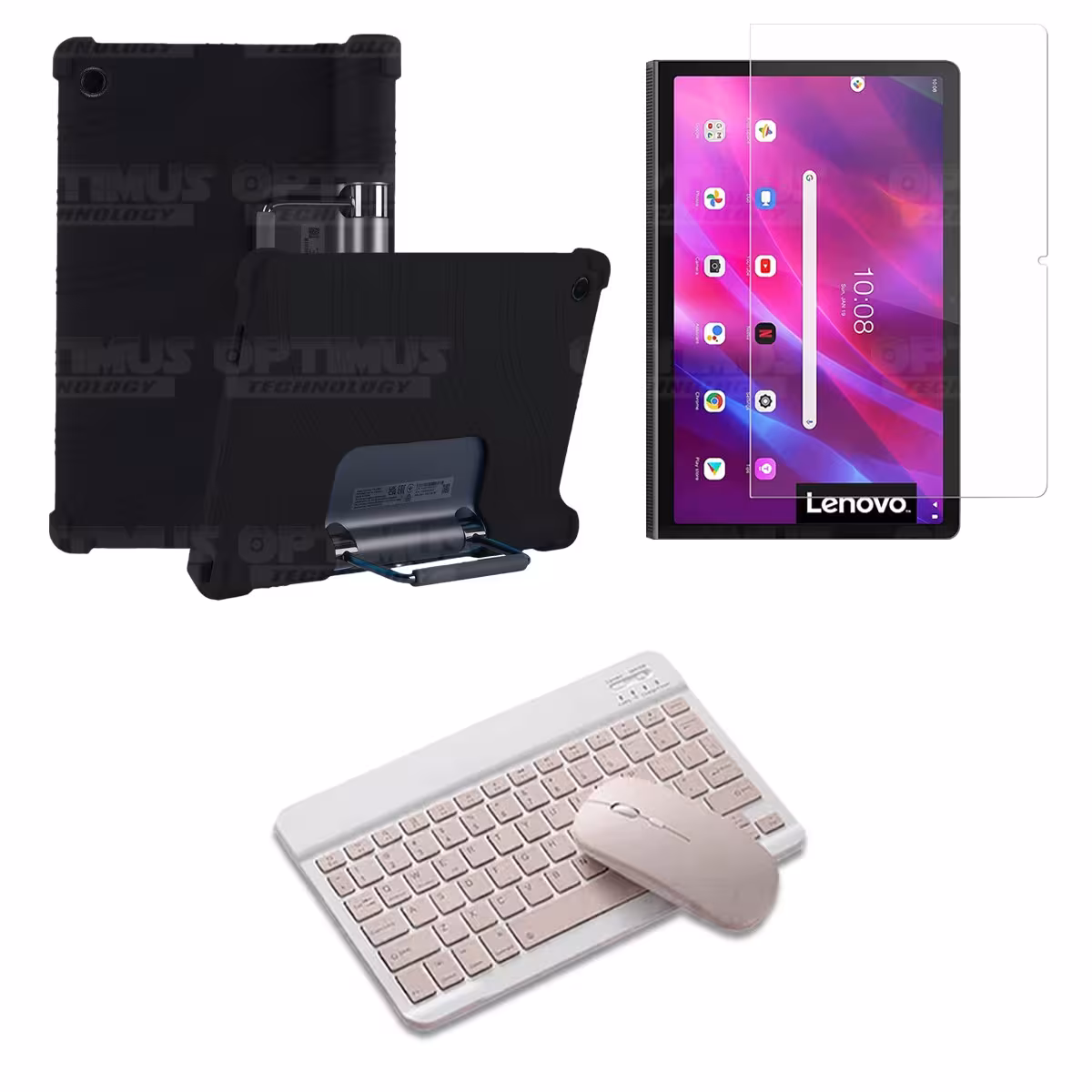 Kit Vidrio templado + Estuche Protector Goma + Teclado y Mouse Bluetooth para Tablet Lenovo Yoga Tab 11 2021 YT-J706F