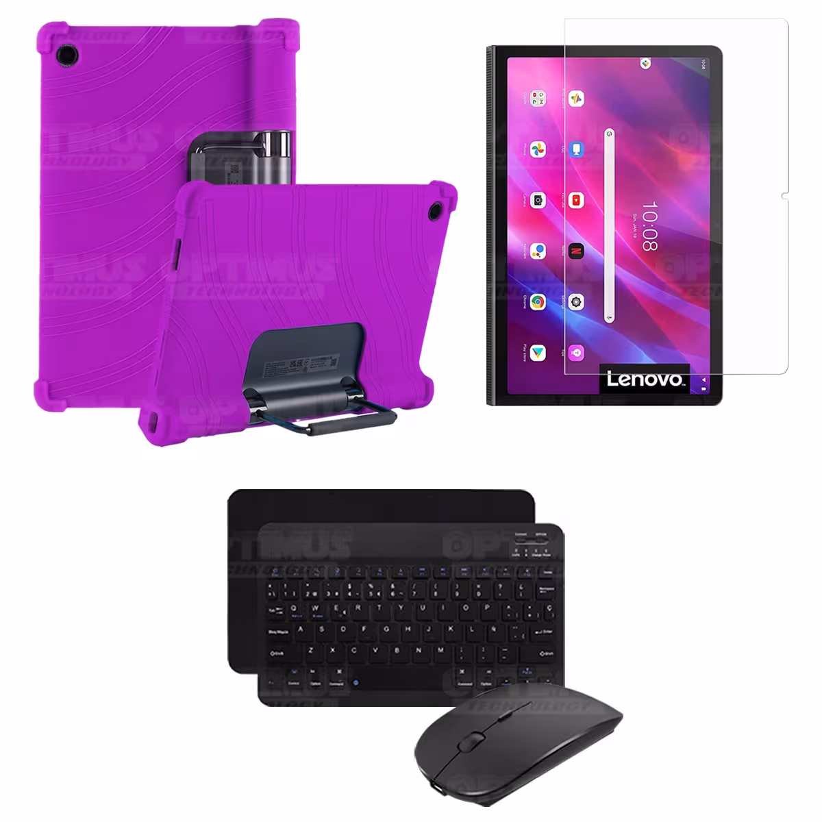Kit Vidrio templado + Estuche Protector Goma + Teclado y Mouse Bluetooth para Tablet Lenovo Yoga Tab 11 2021 YT-J706F