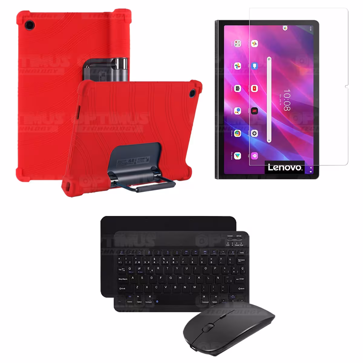 Kit Vidrio templado + Estuche Protector Goma + Teclado y Mouse Bluetooth para Tablet Lenovo Yoga Tab 11 2021 YT-J706F