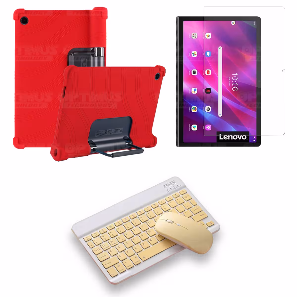 Kit Vidrio templado + Estuche Protector Goma + Teclado y Mouse Bluetooth para Tablet Lenovo Yoga Tab 11 2021 YT-J706F
