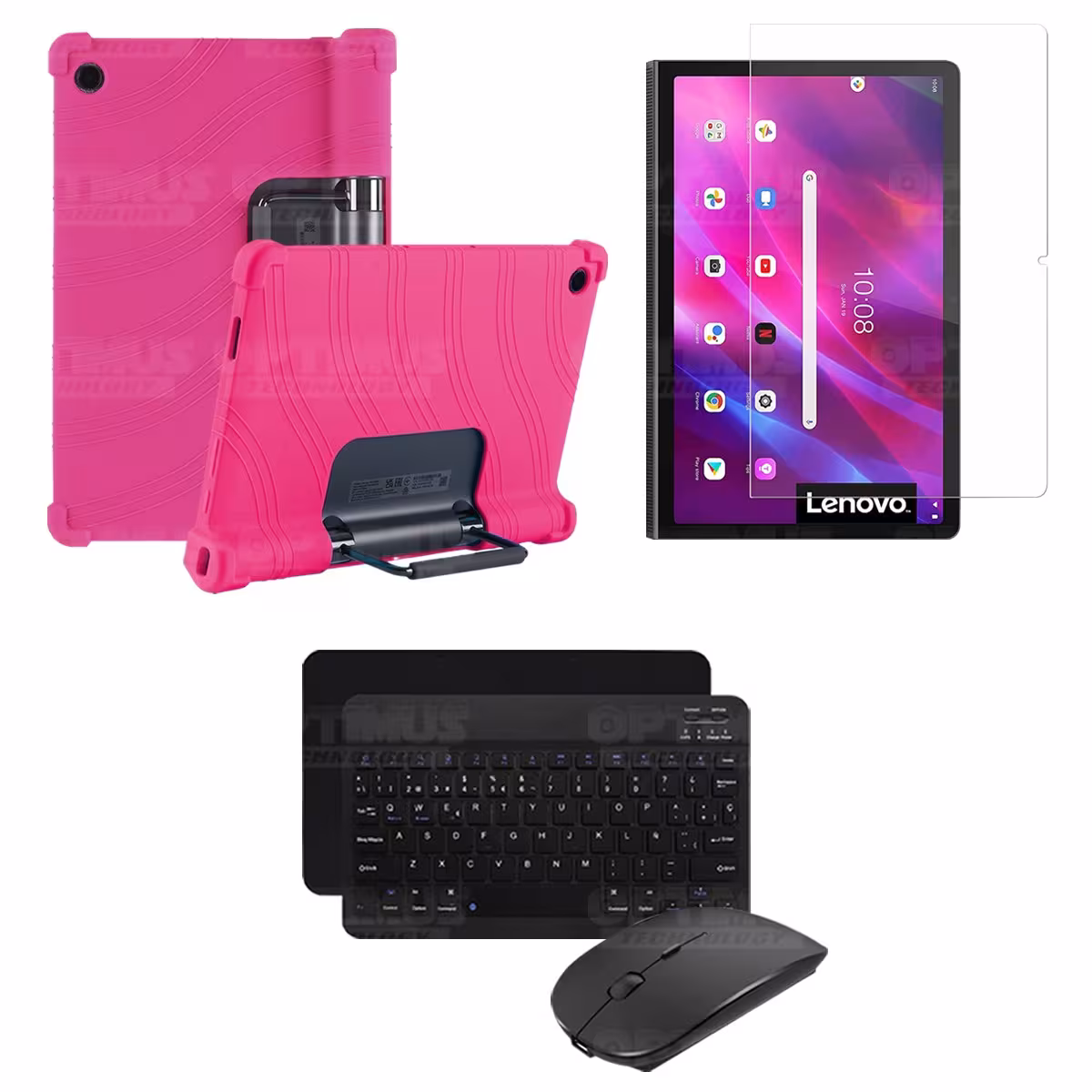 Kit Vidrio templado + Estuche Protector Goma + Teclado y Mouse Bluetooth para Tablet Lenovo Yoga Tab 11 2021 YT-J706F