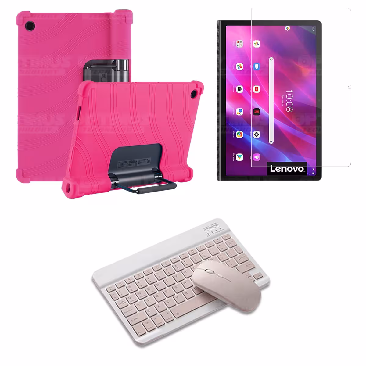 Kit Vidrio templado + Estuche Protector Goma + Teclado y Mouse Bluetooth para Tablet Lenovo Yoga Tab 11 2021 YT-J706F