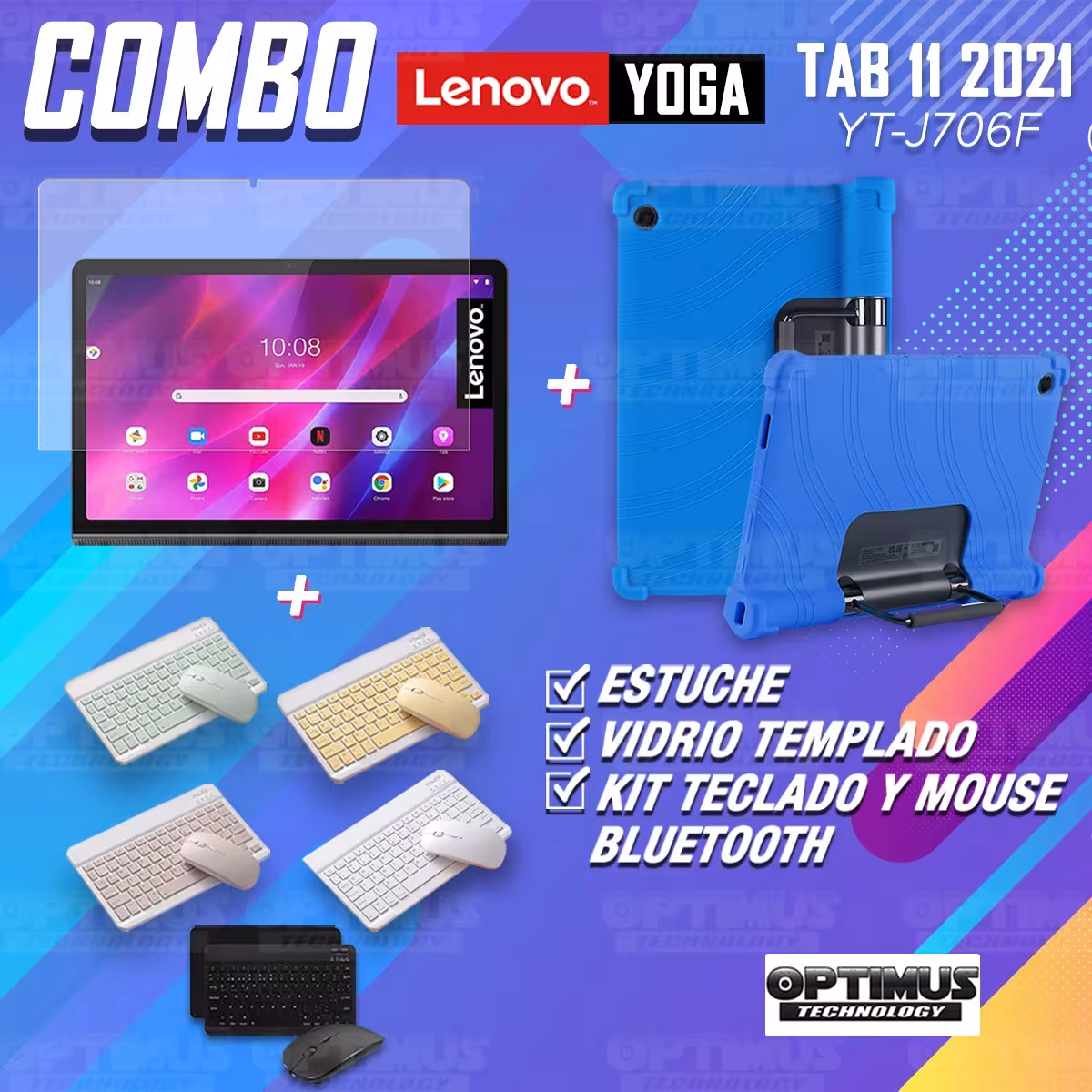 Kit Vidrio templado + Estuche Protector Goma + Teclado y Mouse Bluetooth para Tablet Lenovo Yoga Tab 11 2021 YT-J706F