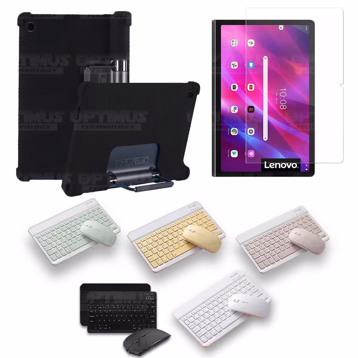 Kit Vidrio templado + Estuche Protector Goma + Teclado y Mouse Bluetooth para Tablet Lenovo Yoga Tab 11 2021 YT-J706F