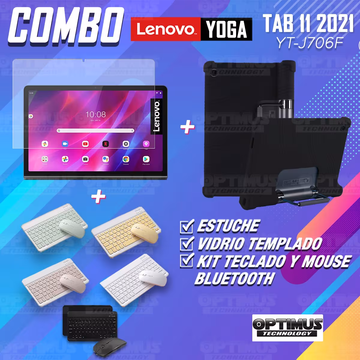 Kit Vidrio templado + Estuche Protector Goma + Teclado y Mouse Bluetooth para Tablet Lenovo Yoga Tab 11 2021 YT-J706F