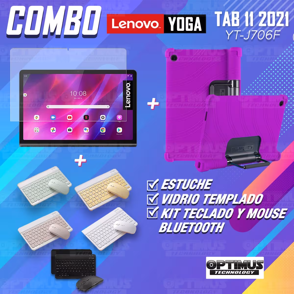 Kit Vidrio templado + Estuche Protector Goma + Teclado y Mouse Bluetooth para Tablet Lenovo Yoga Tab 11 2021 YT-J706F