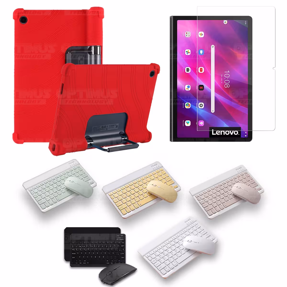 Kit Vidrio templado + Estuche Protector Goma + Teclado y Mouse Bluetooth para Tablet Lenovo Yoga Tab 11 2021 YT-J706F