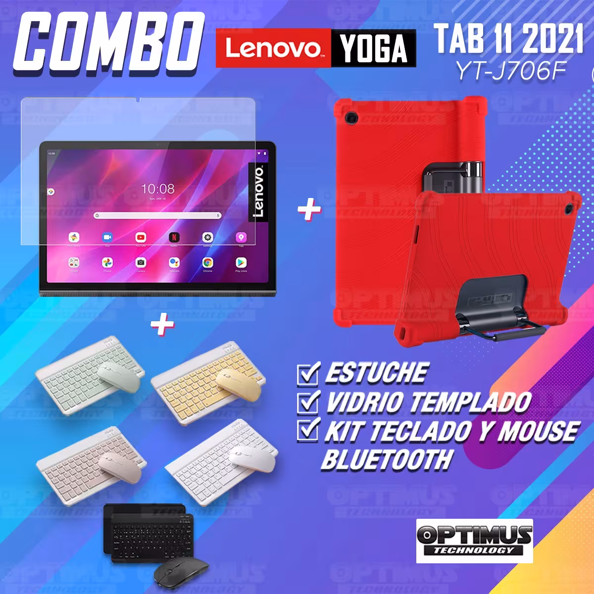 Kit Vidrio templado + Estuche Protector Goma + Teclado y Mouse Bluetooth para Tablet Lenovo Yoga Tab 11 2021 YT-J706F