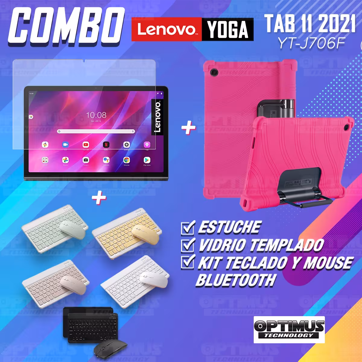 Kit Vidrio templado + Estuche Protector Goma + Teclado y Mouse Bluetooth para Tablet Lenovo Yoga Tab 11 2021 YT-J706F