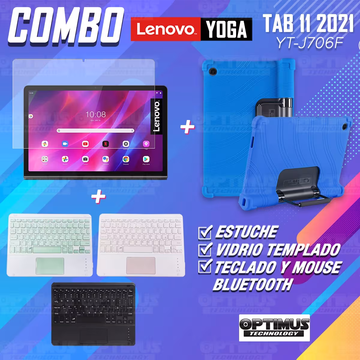 Kit Vidrio templado + Estuche Protector + Teclado con Mouse Touchpad Bluetooth Tablet Lenovo Yoga Tab 11 2021 YT-J706F