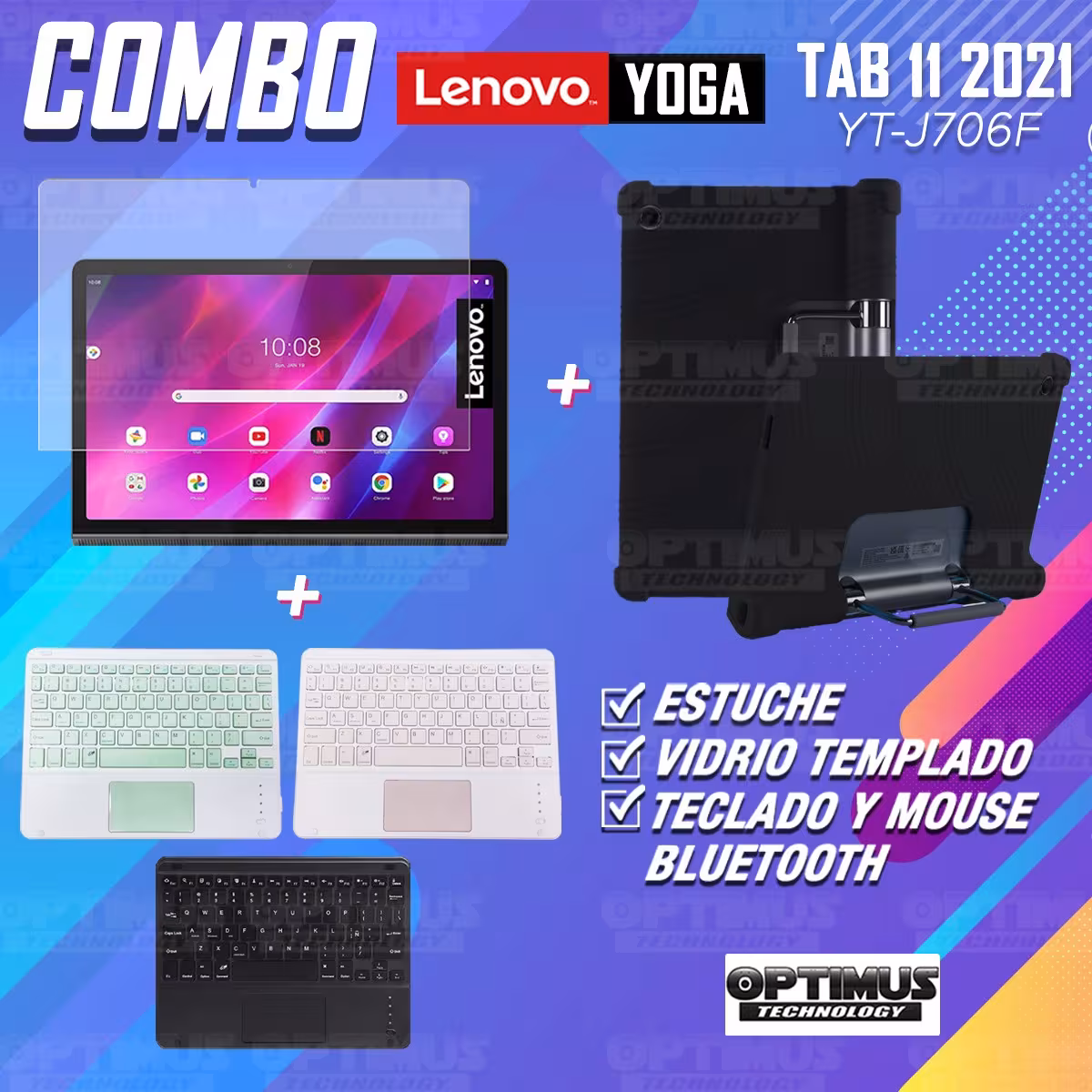 Kit Vidrio templado + Estuche Protector + Teclado con Mouse Touchpad Bluetooth Tablet Lenovo Yoga Tab 11 2021 YT-J706F