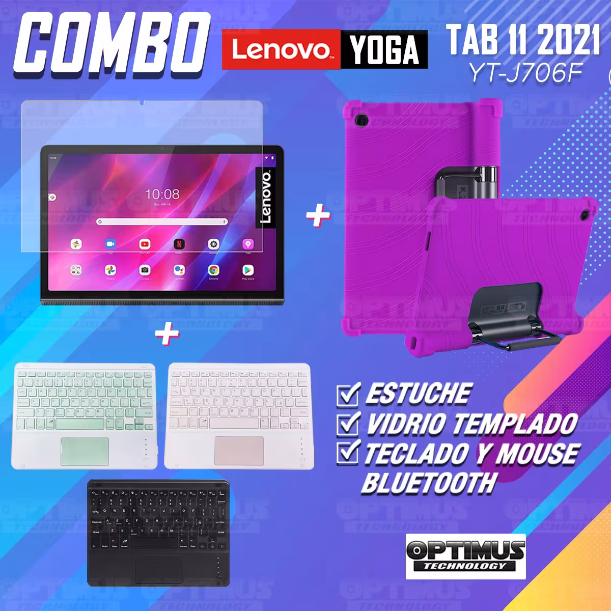 Kit Vidrio templado + Estuche Protector + Teclado con Mouse Touchpad Bluetooth Tablet Lenovo Yoga Tab 11 2021 YT-J706F