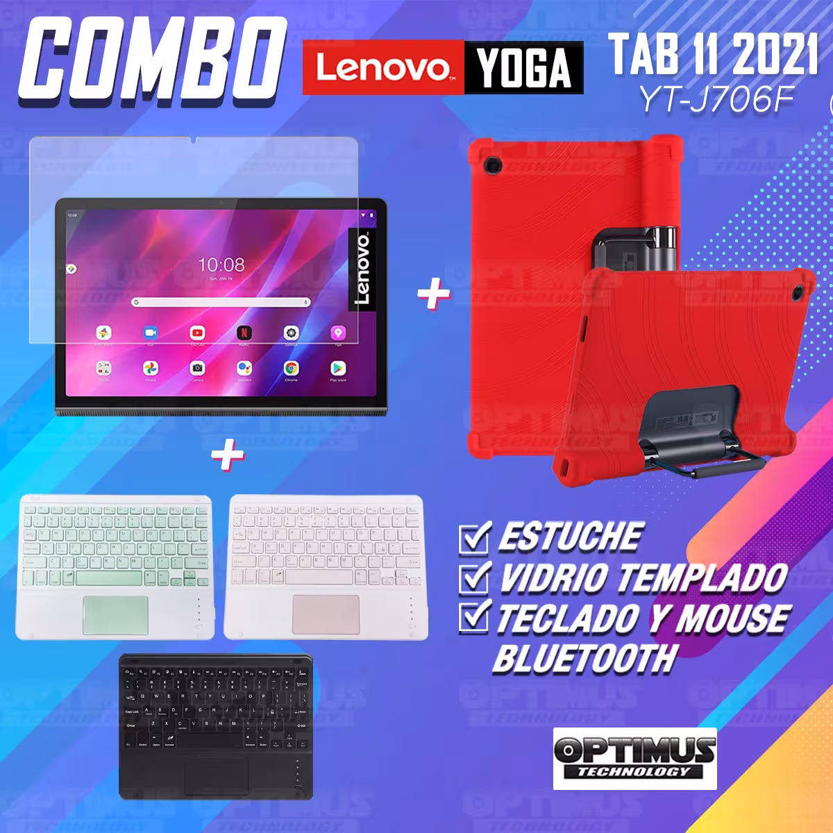 Kit Vidrio templado + Estuche Protector + Teclado con Mouse Touchpad Bluetooth Tablet Lenovo Yoga Tab 11 2021 YT-J706F