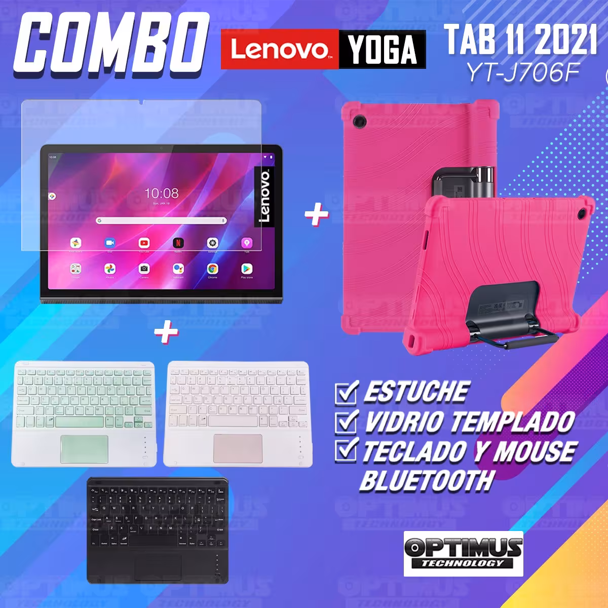 Kit Vidrio templado + Estuche Protector + Teclado con Mouse Touchpad Bluetooth Tablet Lenovo Yoga Tab 11 2021 YT-J706F