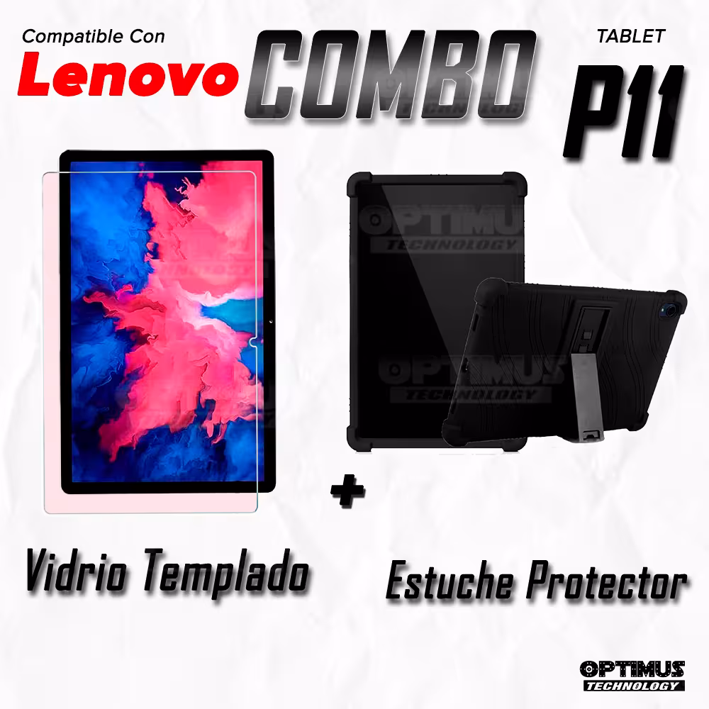 Combo Vidrio templado y Estuche Protector de goma antigolpes con soporte Tablet Lenovo P11 Tb-J606F de 11" Pulgadas