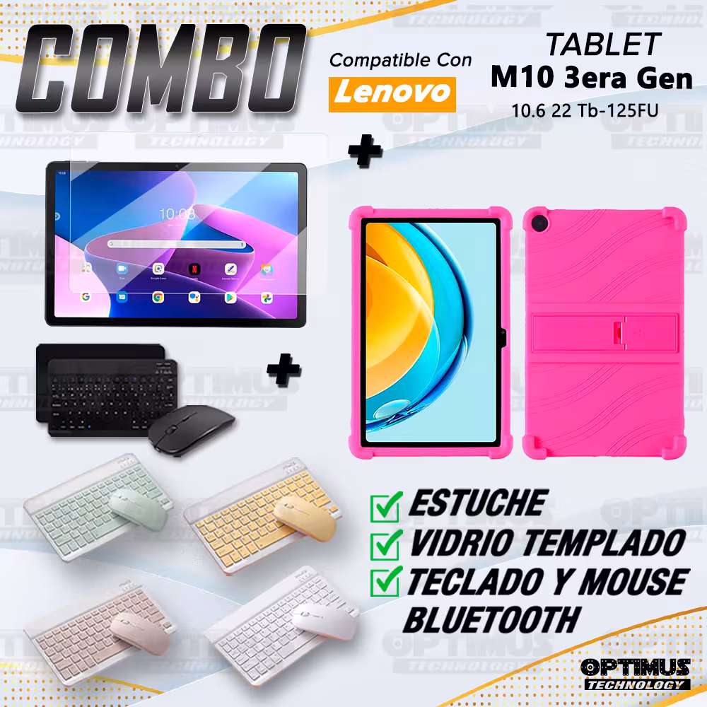 Kit Vidrio templado + Case Forro Protector + Teclado y Mouse Bluetooth para Tablet Lenovo M10 3rth gen (TB125FU) 10.6 2022
