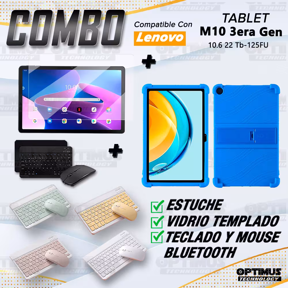 Kit Vidrio templado + Case Forro Protector + Teclado y Mouse Bluetooth para Tablet Lenovo M10 3rth gen (TB125FU) 10.6 2022