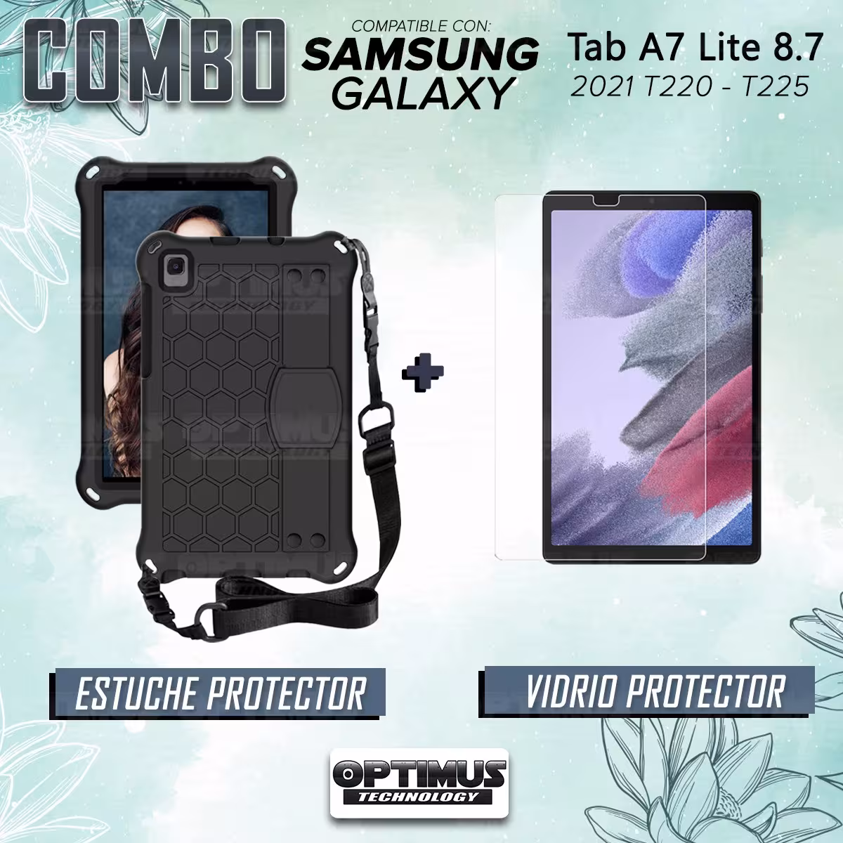 Kit Vidrio Cristal Templado Y Estuche Protector con Correa para Tablet Samsung Galaxy Tab A7 Lite 8.7 2021 T220 - T225