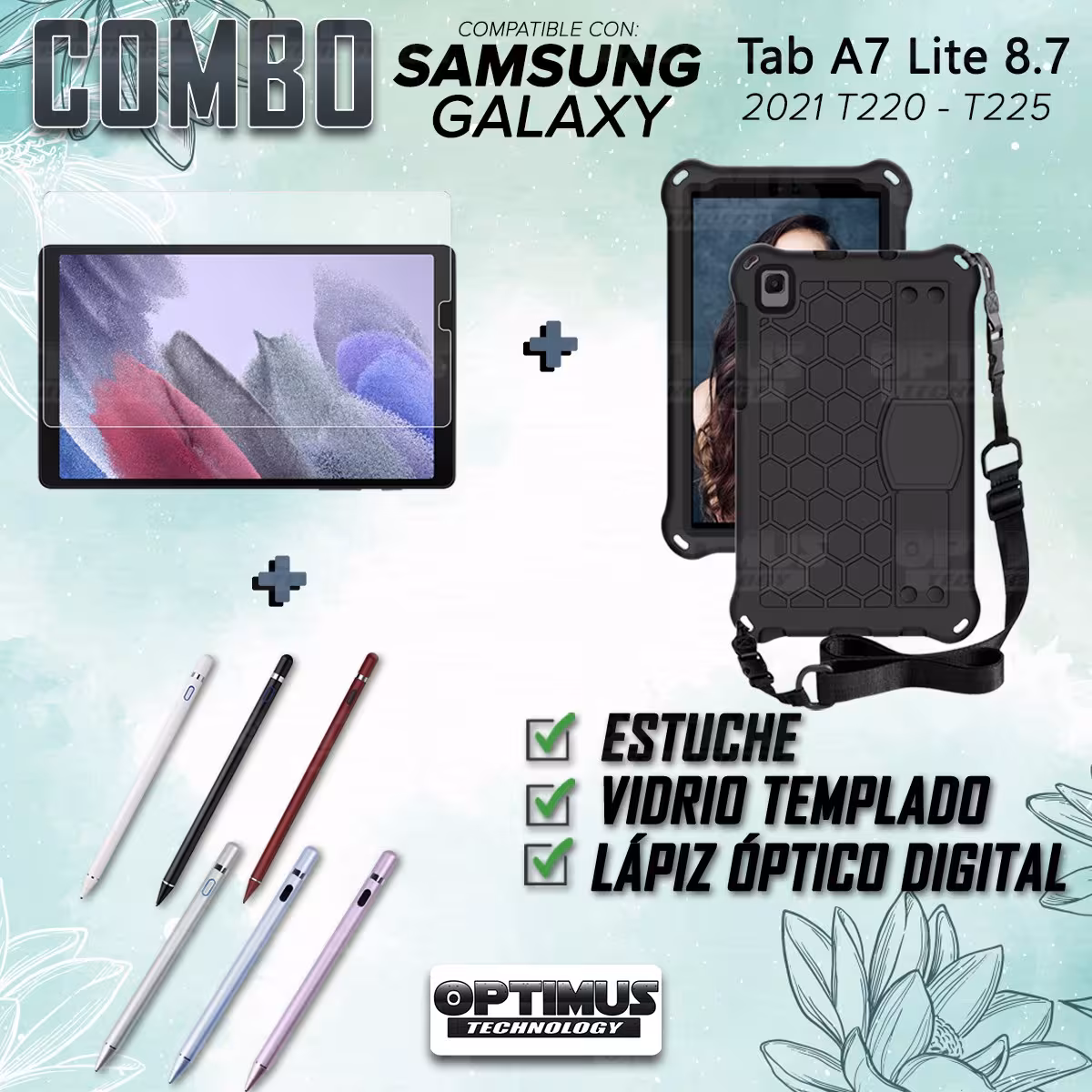 Kit Estuche Protector Correa + Vidrio Templado + Lápiz Digital para Tablet Samsung Galaxy Tab A7 Lite 8.7 2021 T220 - T225