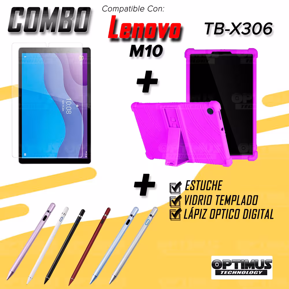 Combo Estuche Protector de goma + Vidrio Templado + Lápiz Digital para Tablet Lenovo Tab M10 HD TB-X306