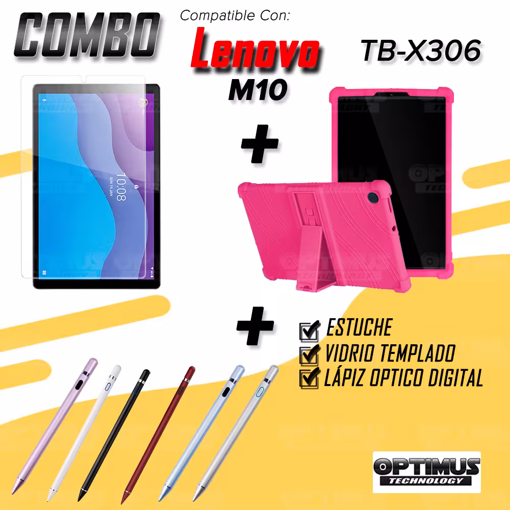 Combo Estuche Protector de goma + Vidrio Templado + Lápiz Digital para Tablet Lenovo Tab M10 HD TB-X306