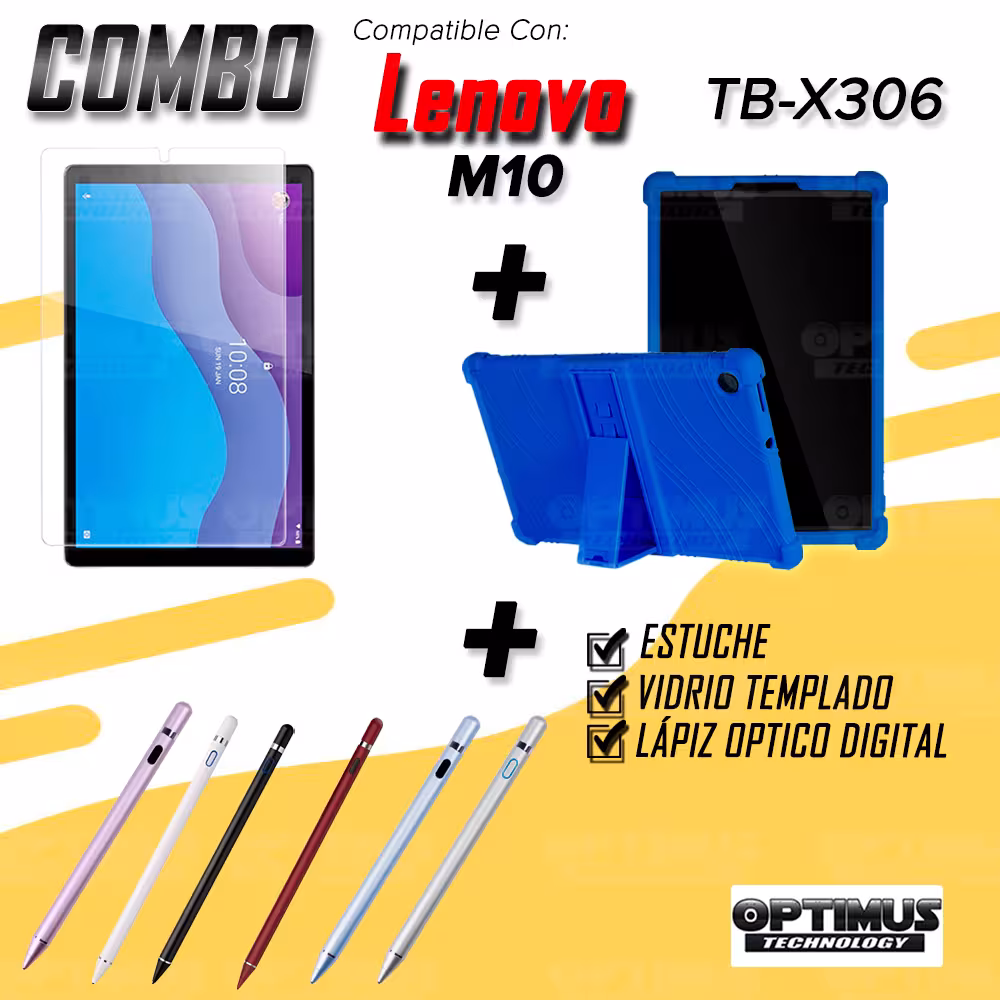 Combo Estuche Protector de goma + Vidrio Templado + Lápiz Digital para Tablet Lenovo Tab M10 HD TB-X306