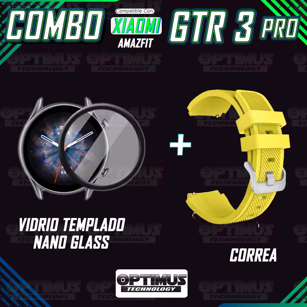Kit Correa Pulso Manilla de Goma Rayada 22mm para Xiaomi AmazFit GTR 3 PRO Y Vidrio Templado Nano Glass